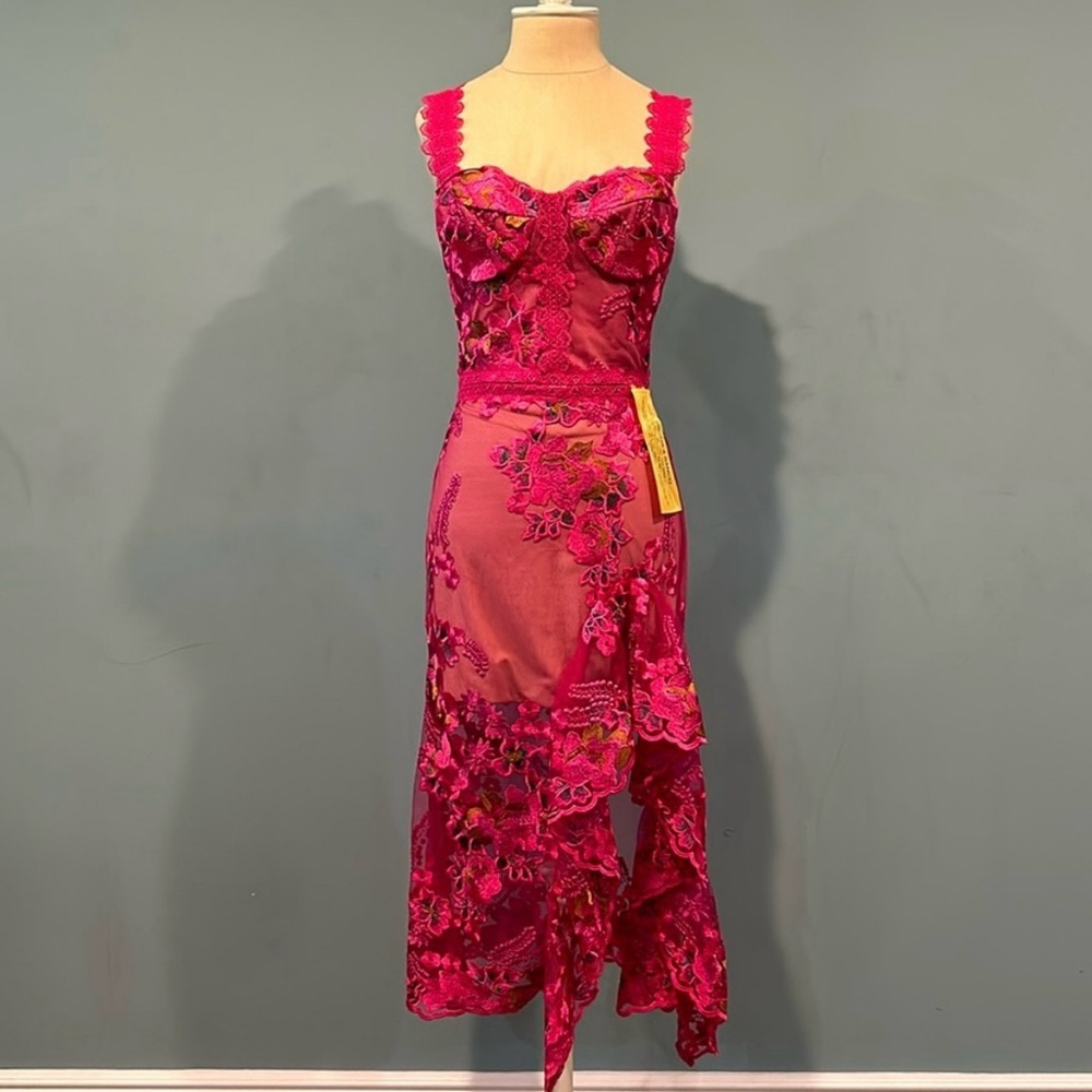 Bronx and Banco Eva Midi Dress Fuschia size XS Lace Embroidered Asymmetrical Hem
